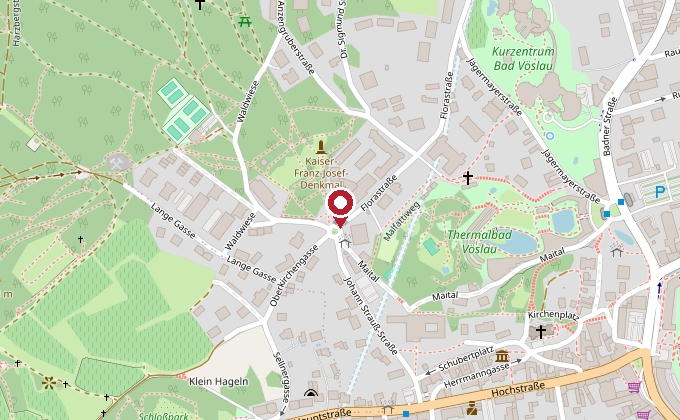 Standort der Konditorei am Kurpark – Florastraße 1, Bad Vöslau, am Kurpark beim Thermalbad